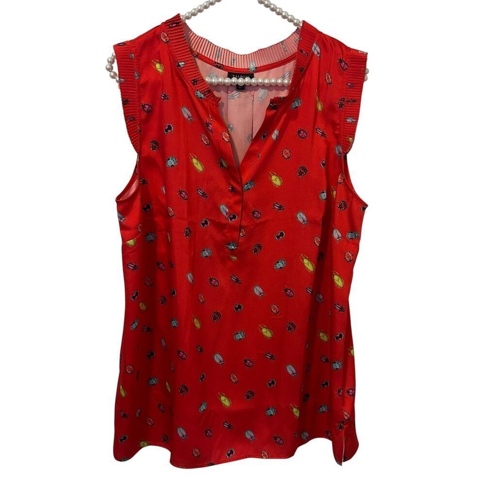 Talbots Tank Top Womens Large Red Ladybug Print Sleeveless Ruffle Blouse Summer